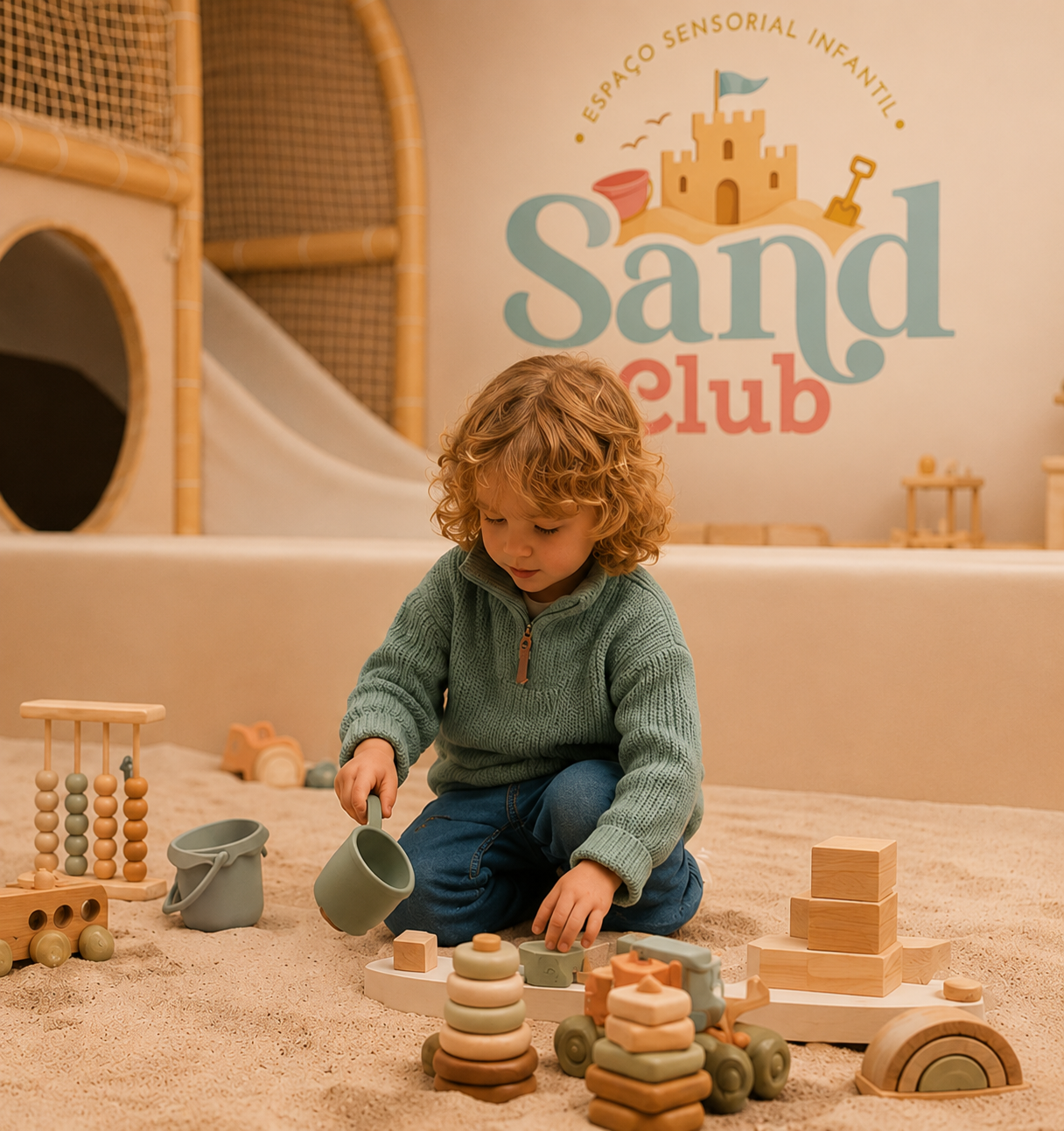 Criança brincando com brinquedos de madeira no Sand Box do Sand Club
